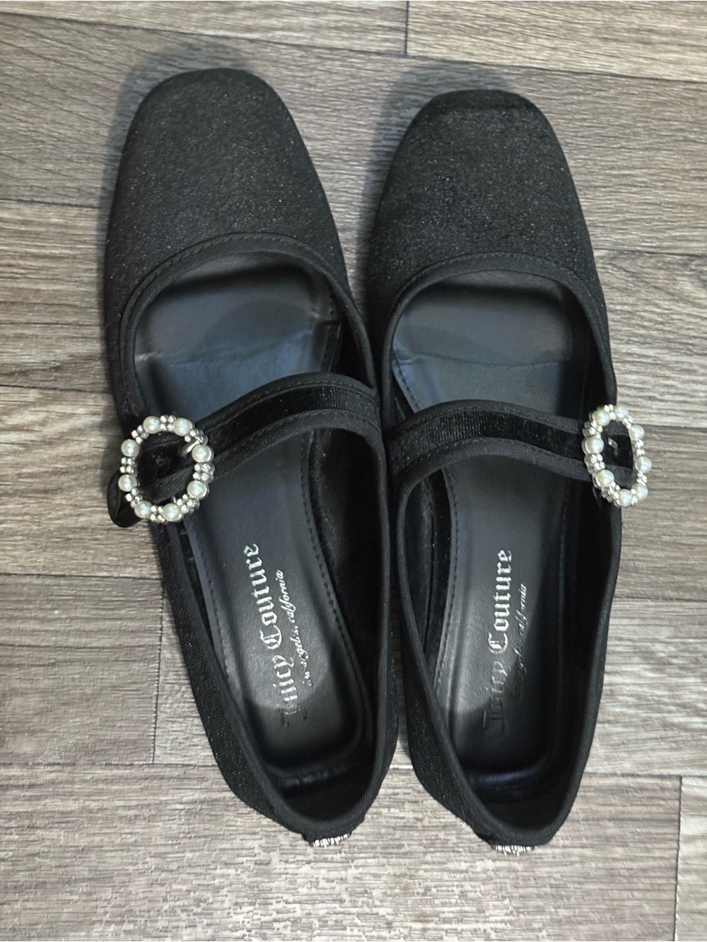 Juicy Couture Black Mary Jane Flats with Pearl Buckle